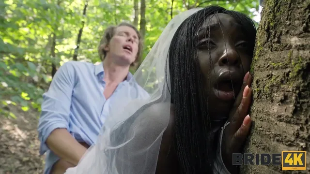 Cheating Ebony Bride fucks with a random guy in woods to quit the wedding